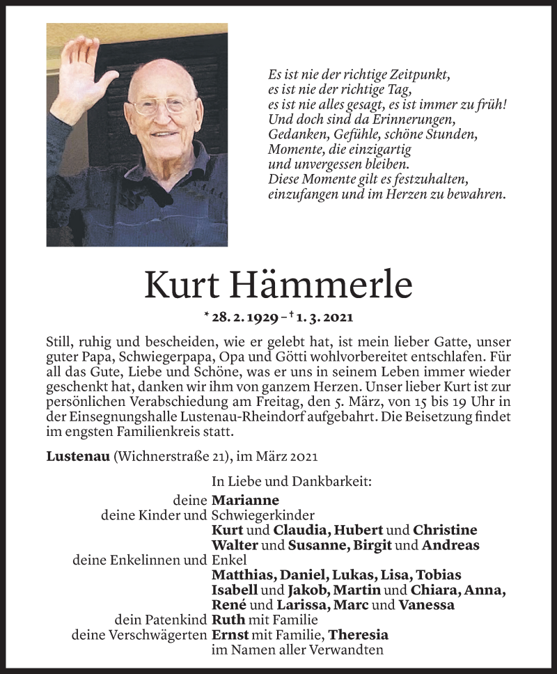  Todesanzeige für Kurt Hämmerle vom 03.03.2021 aus Vorarlberger Nachrichten